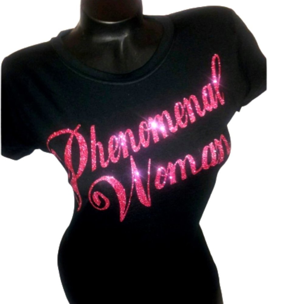 Phenomenal Women on a Fitted Black Spandex Tee Shiny Lettering.